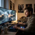 Mężczyzna grający w Battlefield 6 w domu przed monitorem. Na ekranie widać akcję z gry. Darmowy tydzień Battlefield 6 pozwala grać bez opłat do 15 czerwca.