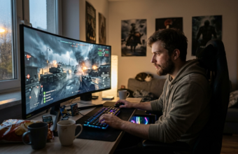 Mężczyzna grający w Battlefield 6 w domu przed monitorem. Na ekranie widać akcję z gry. Darmowy tydzień Battlefield 6 pozwala grać bez opłat do 15 czerwca.