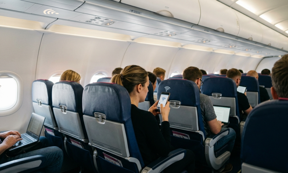 Darmowy internet Starlink i wi-fi w samolocie Wizz Air. Pasażer trzyma smartfon z aktywnym połączeniem internetowym podczas lotu tanią linią lotniczą.