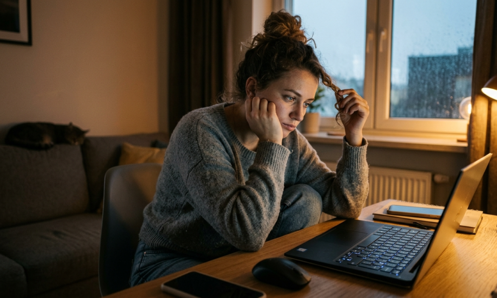 Znużony użytkownik czeka na koniec długiej aktualizacji systemu Windows 11 na laptopie. Zniecierpliwiona osoba i proces instalacji oprogramowania.