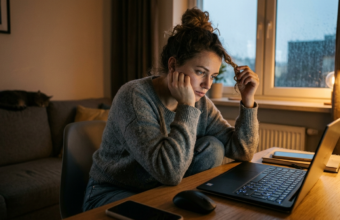 Znużony użytkownik czeka na koniec długiej aktualizacji systemu Windows 11 na laptopie. Zniecierpliwiona osoba i proces instalacji oprogramowania.