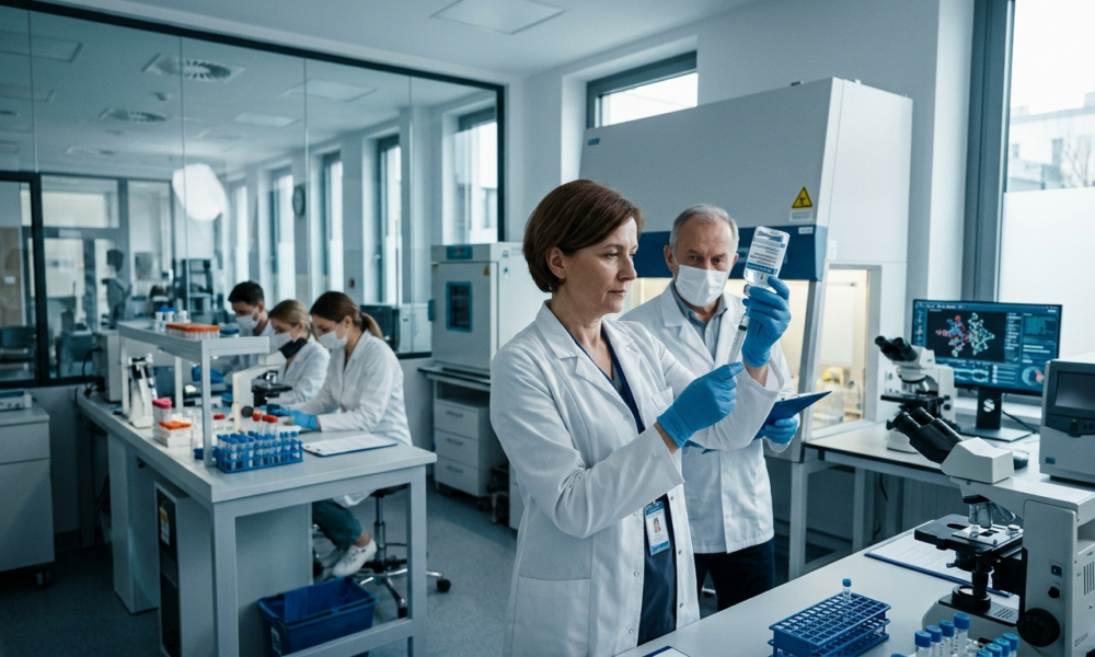 Szczepionka zaprojektowana przez AI w fiolce laboratoryjnej podczas testów klinicznych. Innowacyjna nauka i technologie przyszłości w nowoczesnej medycynie.