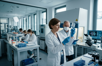 Szczepionka zaprojektowana przez AI w fiolce laboratoryjnej podczas testów klinicznych. Innowacyjna nauka i technologie przyszłości w nowoczesnej medycynie.