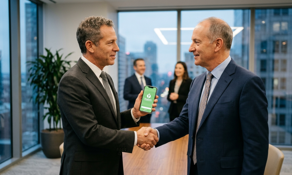 Uścisk dłoni biznesmenów po przejęciu TheFork przez American Express. W ręku smartfon z aplikacją TheFork. Ważna transakcja w branży biznes i rynek tech.