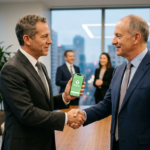 Uścisk dłoni biznesmenów po przejęciu TheFork przez American Express. W ręku smartfon z aplikacją TheFork. Ważna transakcja w branży biznes i rynek tech.