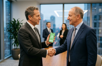 Uścisk dłoni biznesmenów po przejęciu TheFork przez American Express. W ręku smartfon z aplikacją TheFork. Ważna transakcja w branży biznes i rynek tech.