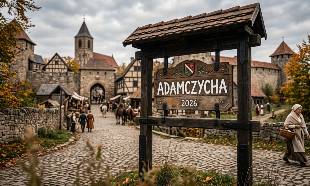 Średniowieczna tablica wjazdowa do miejscowości Adamczycha z napisem 2026. Zapowiedź i data premiery 3. sezonu serialu 1670.