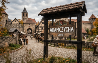 Średniowieczna tablica wjazdowa do miejscowości Adamczycha z napisem 2026. Zapowiedź i data premiery 3. sezonu serialu 1670.