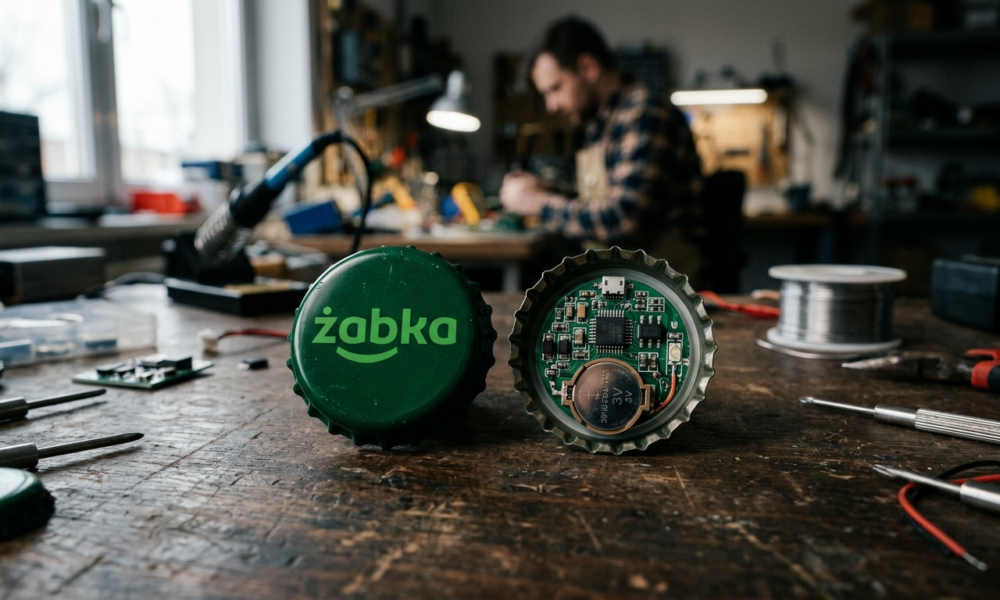 Zielony kapsel z logo Żabka i modułem elektronicznym. Kontroler Żappka Triki to gadżet gamingowy i element kultury cyfrowej polskiej sieci sklepów.