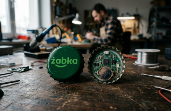 Zielony kapsel z logo Żabka i modułem elektronicznym. Kontroler Żappka Triki to gadżet gamingowy i element kultury cyfrowej polskiej sieci sklepów.