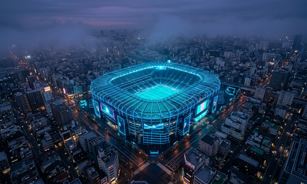 Neonowy stadion piłkarski Copa City z lotu ptaka w pustym mieście. Puste trybuny i mgła w polskim symulatorze kibicowskim. Klimat gry o zarządzaniu sportem.