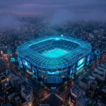 Neonowy stadion piłkarski Copa City z lotu ptaka w pustym mieście. Puste trybuny i mgła w polskim symulatorze kibicowskim. Klimat gry o zarządzaniu sportem.