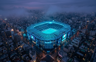 Neonowy stadion piłkarski Copa City z lotu ptaka w pustym mieście. Puste trybuny i mgła w polskim symulatorze kibicowskim. Klimat gry o zarządzaniu sportem.
