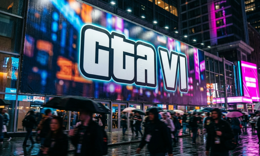Napis GTA VI na tle rozmytych kolorów w stylistyce Grand Theft Auto. Oficjalna okładka gry zapowiadająca start przedsprzedaży 25 czerwca.