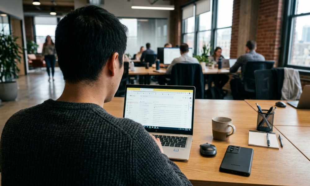 Pracownik biurowy używa Google Workspace na laptopie, obok smartfon Samsung. Funkcje AI w Google Voice i Chat to nowe oprogramowanie biurowe i rozwiązania AI.