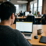 Pracownik biurowy używa Google Workspace na laptopie, obok smartfon Samsung. Funkcje AI w Google Voice i Chat to nowe oprogramowanie biurowe i rozwiązania AI.