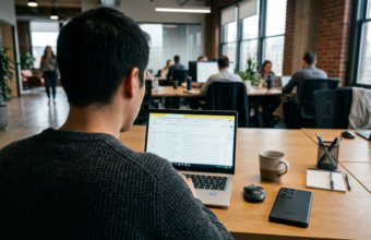Pracownik biurowy używa Google Workspace na laptopie, obok smartfon Samsung. Funkcje AI w Google Voice i Chat to nowe oprogramowanie biurowe i rozwiązania AI.