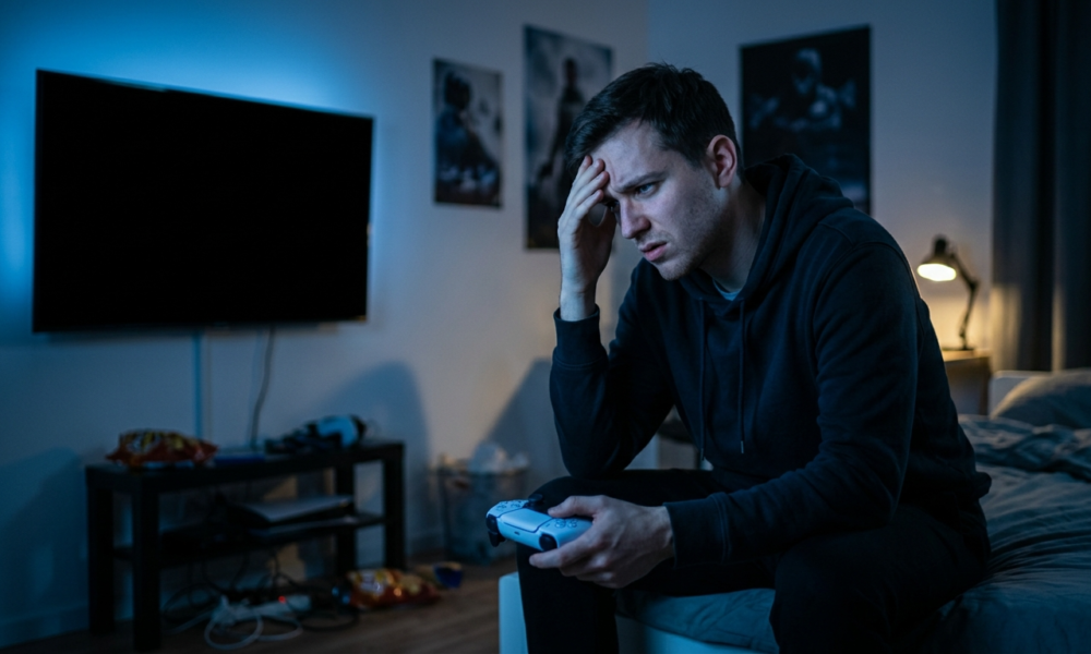 Sfrustrowany gracz z padem przed pustym ekranem. Awaria PlayStation Network odcina od gier na PS4 i PS5. Niebieskie światło podkreśla błąd i izolację w gamingu.