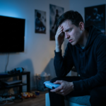 Sfrustrowany gracz z padem przed pustym ekranem. Awaria PlayStation Network odcina od gier na PS4 i PS5. Niebieskie światło podkreśla błąd i izolację w gamingu.