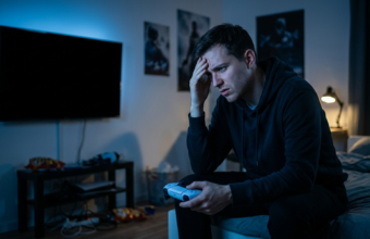 Sfrustrowany gracz z padem przed pustym ekranem. Awaria PlayStation Network odcina od gier na PS4 i PS5. Niebieskie światło podkreśla błąd i izolację w gamingu.