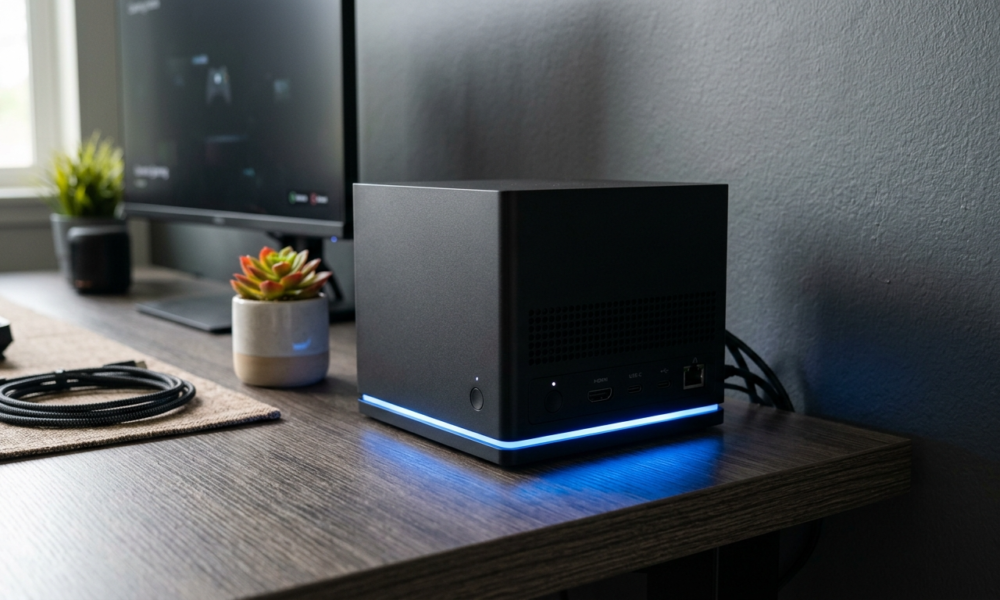 Czarna matowa konsola Steam Machine od Valve z niebieską listwą LED na biurku. Futurystyczny design i nowoczesna technologia gamingowa nowej generacji 2026.