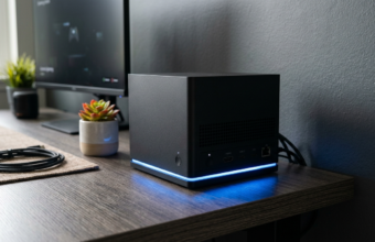 Czarna matowa konsola Steam Machine od Valve z niebieską listwą LED na biurku. Futurystyczny design i nowoczesna technologia gamingowa nowej generacji 2026.