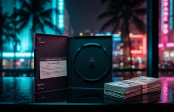Otwarte pudełko GTA 6 bez płyty z kodem cyfrowym i gotówką w neonach. Wydanie pudełkowe Grand Theft Auto VI za 80 dolarów, pusta tacka na dysk i palmy w tle.