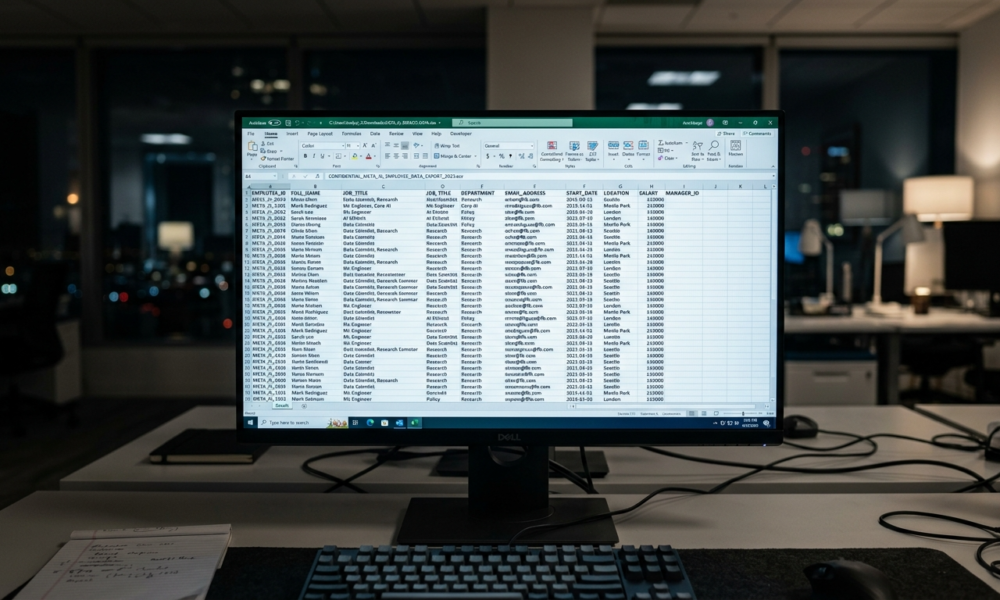 Wyciek danych telemetrycznych Meta AI na ekranie monitora. Plik z danymi pracowników Meta, wstrzymany program AI, sektor biznes i rynek tech na komputerze.