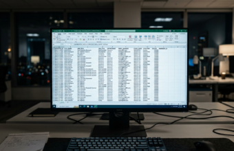 Wyciek danych telemetrycznych Meta AI na ekranie monitora. Plik z danymi pracowników Meta, wstrzymany program AI, sektor biznes i rynek tech na komputerze.