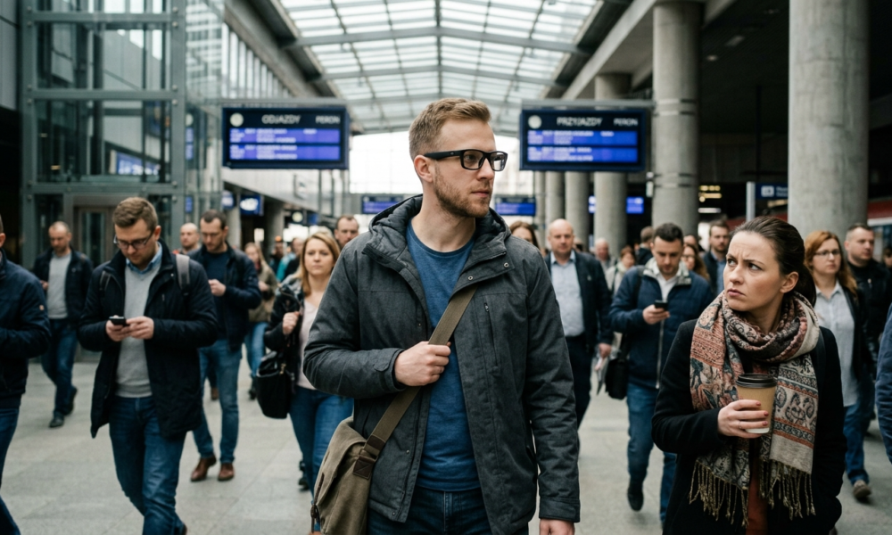 Osoba w inteligentnych okularach z ukrytą kamerą w oprawkach. Nowoczesna technologia i ochrona prywatności w zatłoczonej przestrzeni publicznej.