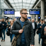 Osoba w inteligentnych okularach z ukrytą kamerą w oprawkach. Nowoczesna technologia i ochrona prywatności w zatłoczonej przestrzeni publicznej.