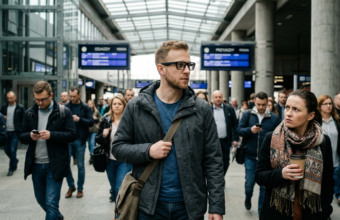 Osoba w inteligentnych okularach z ukrytą kamerą w oprawkach. Nowoczesna technologia i ochrona prywatności w zatłoczonej przestrzeni publicznej.