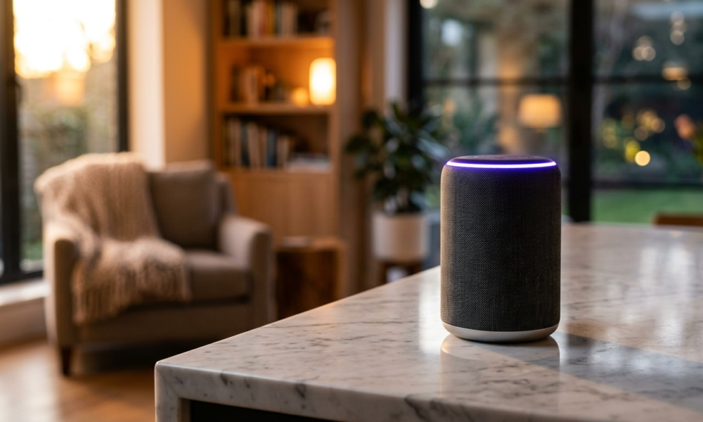 Nowoczesny głośnik Google Home z asystentem Gemini i fioletowym światłem na marmurowym blacie. Minimalistyczny design premium w luksusowym salonie smart home.