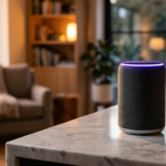 Nowoczesny głośnik Google Home z asystentem Gemini i fioletowym światłem na marmurowym blacie. Minimalistyczny design premium w luksusowym salonie smart home.