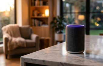Nowoczesny głośnik Google Home z asystentem Gemini i fioletowym światłem na marmurowym blacie. Minimalistyczny design premium w luksusowym salonie smart home.