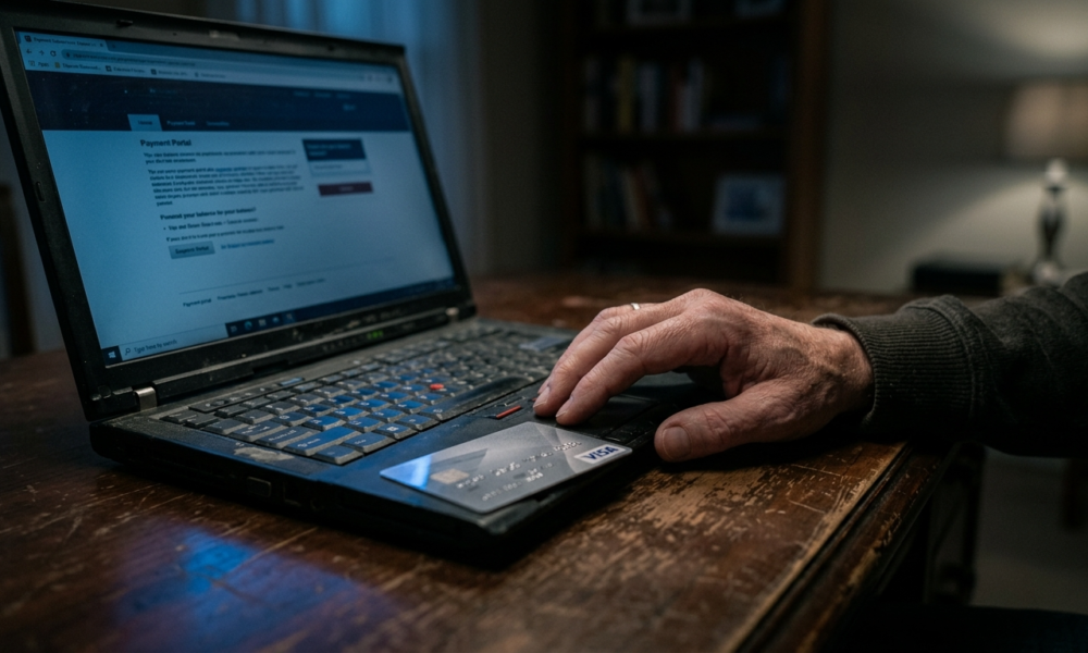 Stary laptop i karta płatnicza w niebieskim świetle. Dłoń użytkownika sugeruje wahanie i płatne aktualizacje Windows 10 dla właścicieli starszego sprzętu.