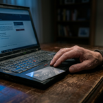 Stary laptop i karta płatnicza w niebieskim świetle. Dłoń użytkownika sugeruje wahanie i płatne aktualizacje Windows 10 dla właścicieli starszego sprzętu.