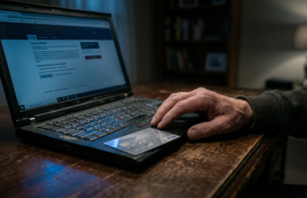 Stary laptop i karta płatnicza w niebieskim świetle. Dłoń użytkownika sugeruje wahanie i płatne aktualizacje Windows 10 dla właścicieli starszego sprzętu.