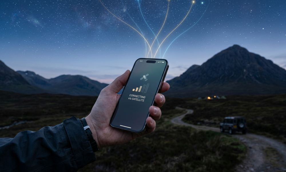 Dłoń trzyma nowoczesny smartfon LTE, do którego spływają świetliste linie łączności satelitarnej Starlink Direct to Cell na tle wieczornego, gwieździstego nieba.