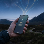 Dłoń trzyma nowoczesny smartfon LTE, do którego spływają świetliste linie łączności satelitarnej Starlink Direct to Cell na tle wieczornego, gwieździstego nieba.