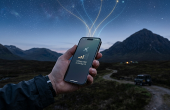 Dłoń trzyma nowoczesny smartfon LTE, do którego spływają świetliste linie łączności satelitarnej Starlink Direct to Cell na tle wieczornego, gwieździstego nieba.