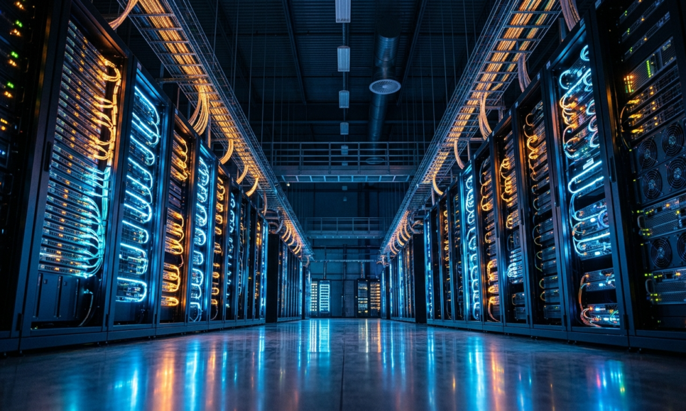 Superkomputer LineShine w hali serwerowej. Nowoczesne szafy rack, neony i światłowody. Chińska technologia AI dominuje w rankingu TOP500 nad El Capitan.