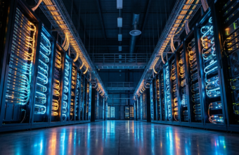 Superkomputer LineShine w hali serwerowej. Nowoczesne szafy rack, neony i światłowody. Chińska technologia AI dominuje w rankingu TOP500 nad El Capitan.
