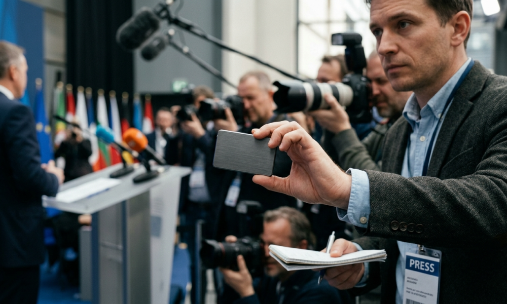 Kieszonkowy dyktafon Pocket AI wielkości karty kredytowej. Urządzenie lifestyle tech z funkcją lokalnej transkrypcji AI bez subskrypcji i ukrytych opłat.