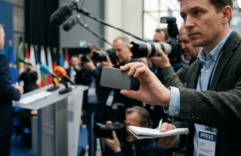 Kieszonkowy dyktafon Pocket AI wielkości karty kredytowej. Urządzenie lifestyle tech z funkcją lokalnej transkrypcji AI bez subskrypcji i ukrytych opłat.