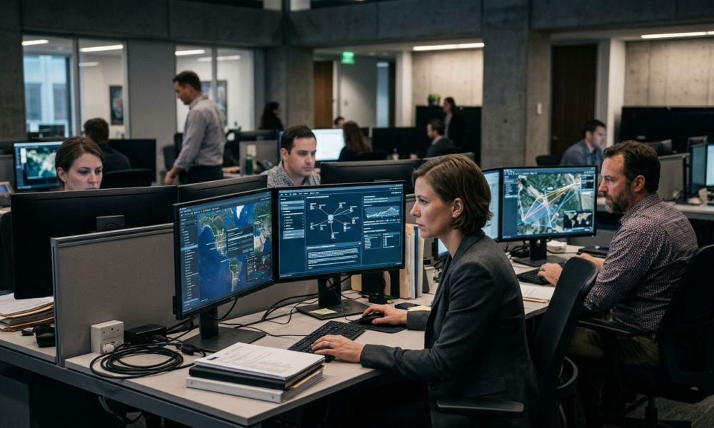 Agenci CIA przy komputerach analizują dane OSINT przez zaawansowane programy AI. Sztuczna inteligencja i GovTech wspierają pracę amerykańskiego wywiadu.