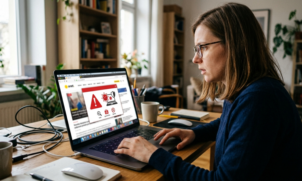Ikona alertu o wirusie w oknie przeglądarki. Luki bezpieczeństwa w agentach sztucznej inteligencji AI i zagrożenia online w przeglądarkowych narzędziach.