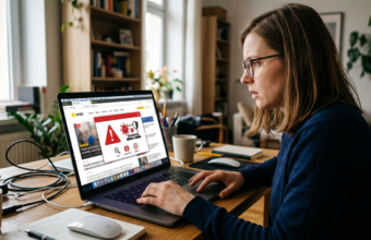 Ikona alertu o wirusie w oknie przeglądarki. Luki bezpieczeństwa w agentach sztucznej inteligencji AI i zagrożenia online w przeglądarkowych narzędziach.