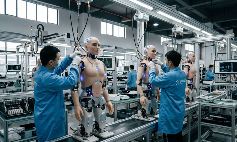 Seryjna produkcja robotów UBTECH UWORLD U1 z AI. Dwa humanoidy wyglądające jak ludzie na linii produkcyjnej w fabryce nowoczesnych technologii przyszłości.