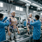 Seryjna produkcja robotów UBTECH UWORLD U1 z AI. Dwa humanoidy wyglądające jak ludzie na linii produkcyjnej w fabryce nowoczesnych technologii przyszłości.